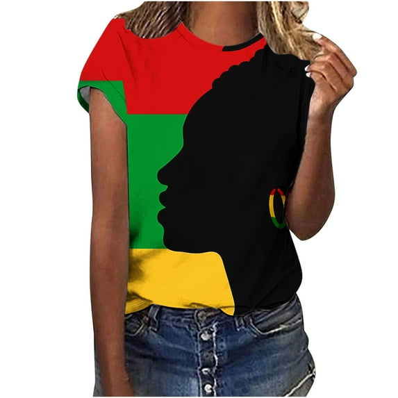 Raeneomay Casual Tops Oversized T Shirts Women's Independence Day Printed Round Neck Short Sleeved T-Shirt Top