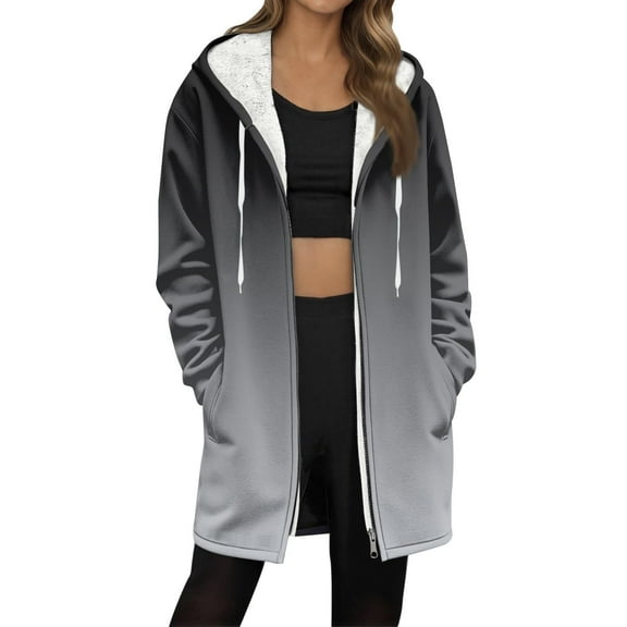 Raeneomay Casual Women's Print Long Sleeve Hooded Top Blouse Ladies ZIpper Pocket Top Coat Jacket