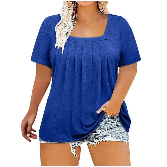 Raeneomay Fit Pleated Blouse Shirts Plus Size Tops For Women Sexy Blouse Solid Casual Loose Summer Short Sleeve Blouse