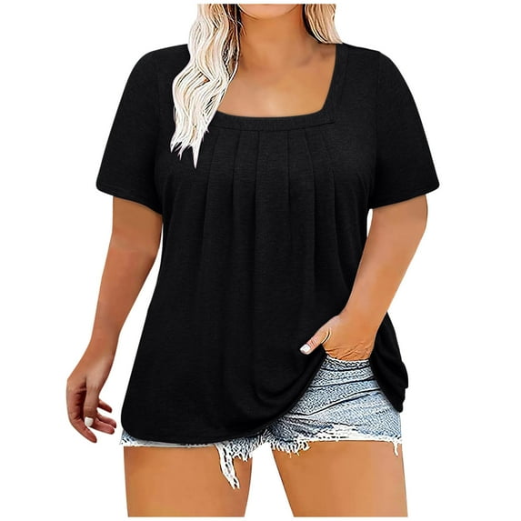 Raeneomay Fit Pleated Blouse Shirts Plus Size Tops For Women Sexy Blouse Solid Casual Loose Summer Short Sleeve Blouse