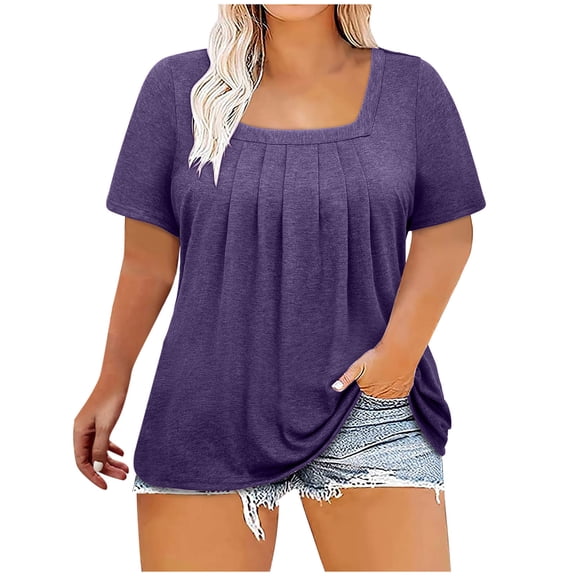 Raeneomay Fit Pleated Blouse Shirts Plus Size Tops For Women Sexy Blouse Solid Casual Loose Summer Short Sleeve Blouse