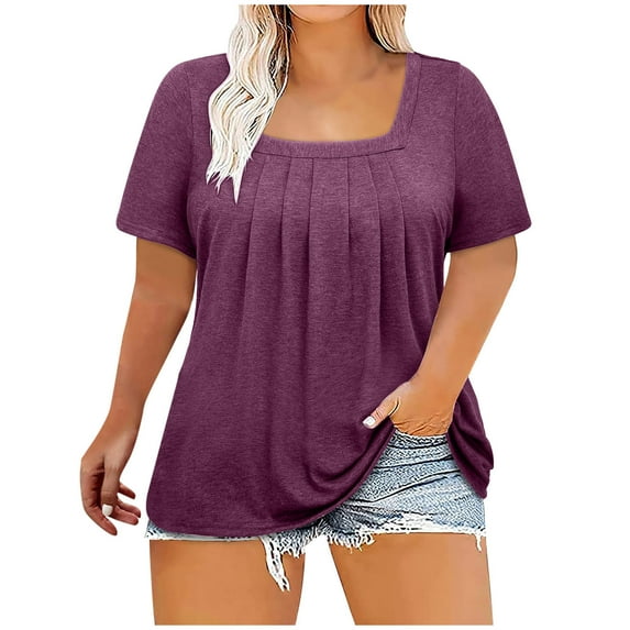 Raeneomay Fit Pleated Blouse Shirts Plus Size Tops For Women Sexy Blouse Solid Casual Loose Summer Short Sleeve Blouse