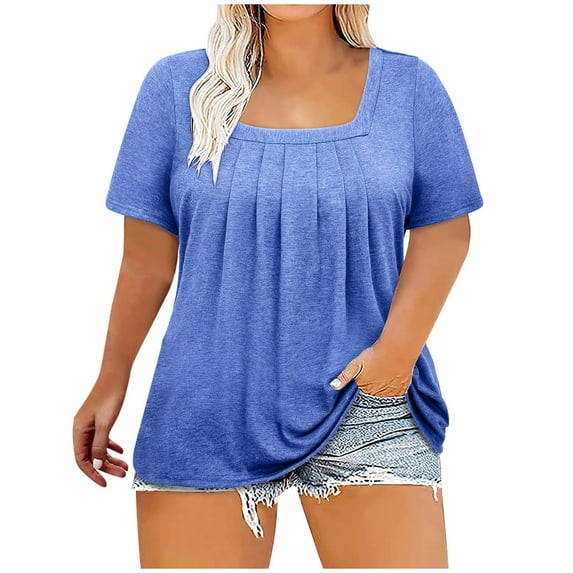 Raeneomay Fit Pleated Blouse Shirts Plus Size Tops For Women Sexy Blouse Solid Casual Loose Summer Short Sleeve Blouse