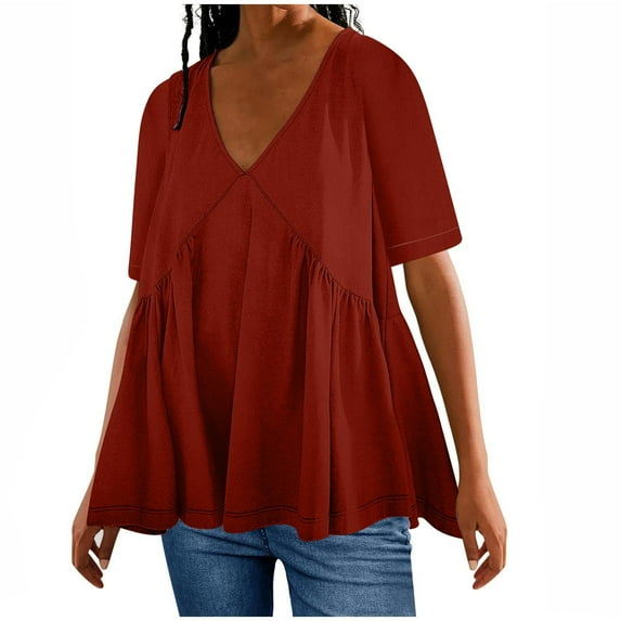Raeneomay Fit Pleated Blouse Shirts Women's Fashion Casual Solid T-Shirt Short Sleeve Blouse V-Neck Casual Tops
