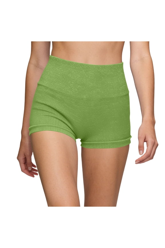 Glitter Tummy Control Yoga Workout Shorts, Ribbed High Waist Butt Lifting Biker Shorts S-L