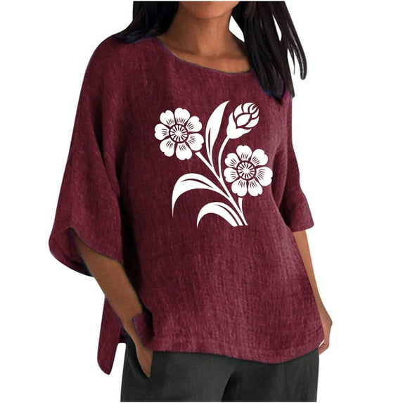 Raeneomay Half Sleeve Tunic Top Women's Loose Printed Hem with A Split Seven Quarter Sleeve Round Neck T-Shirt Top