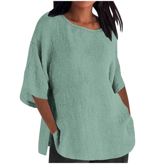 Raeneomay Half Sleeve Womens Tops Women's Solid Color Crew Neck Shirt Seven-Point Sleeve Casual Top