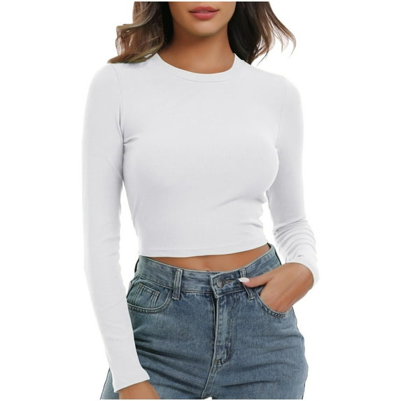 Raeneomay Long Sleeve Shirts Crop Tops for Women New Women's Crew-Neck Knitted Crop Top Base