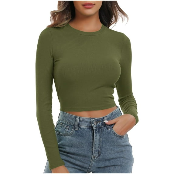 Raeneomay Long Sleeve Shirts Crop Tops for Women New Women's Crew-Neck Knitted Crop Top Base