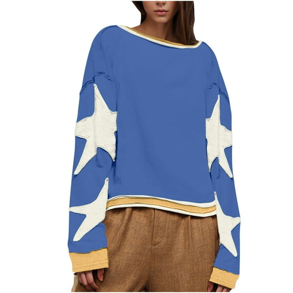 Raeneomay Long Sleeve Shirts Oversize Women Tops Casual Loose Color Matching Round Neck Loose Top Round Neck Top