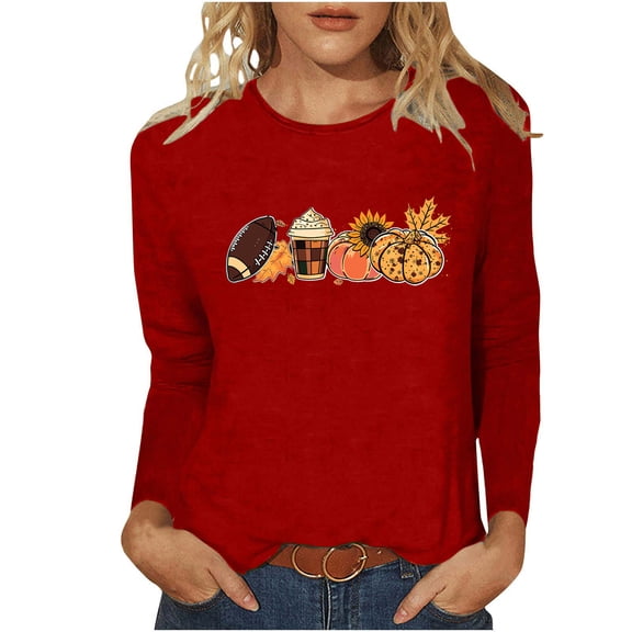 Raeneomay Long Sleeve Shirts Oversize Women Tops Fall Casual Printed Round Neck Tops