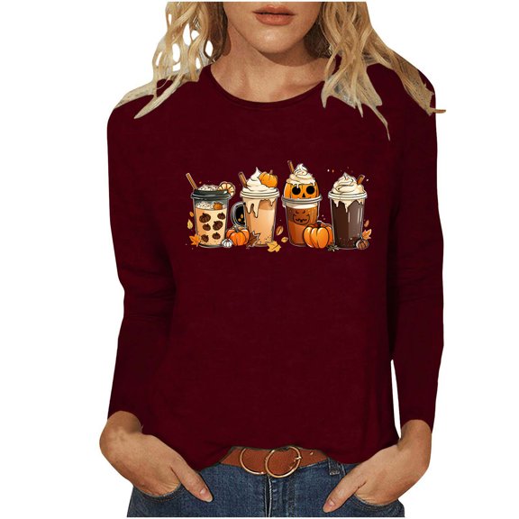 Raeneomay Long Sleeve Shirts Oversize Women Tops Halloween Casual Printed Round Neck Tops