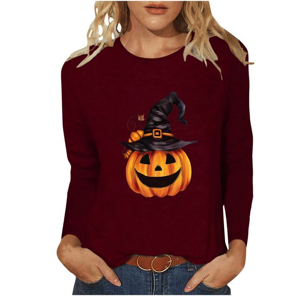 Raeneomay Long Sleeve Shirts Oversize Women Tops Halloween Casual Printed Round Neck Tops