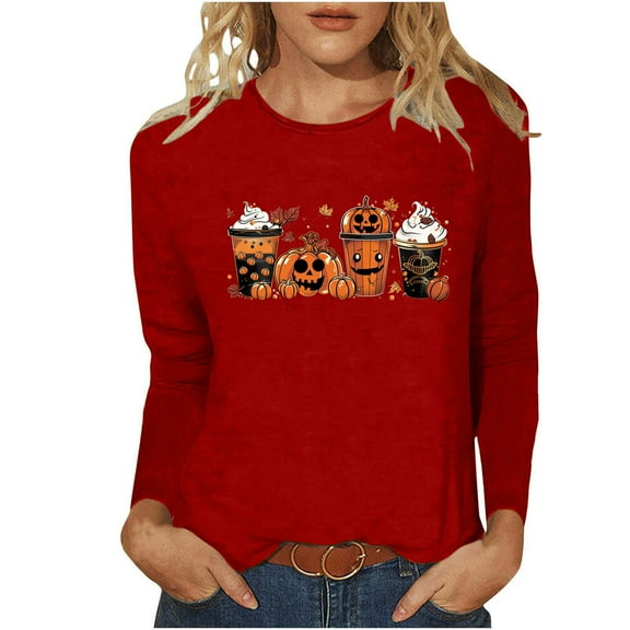 Raeneomay Long Sleeve Shirts Oversize Women Tops Halloween Casual Printed Round Neck Tops