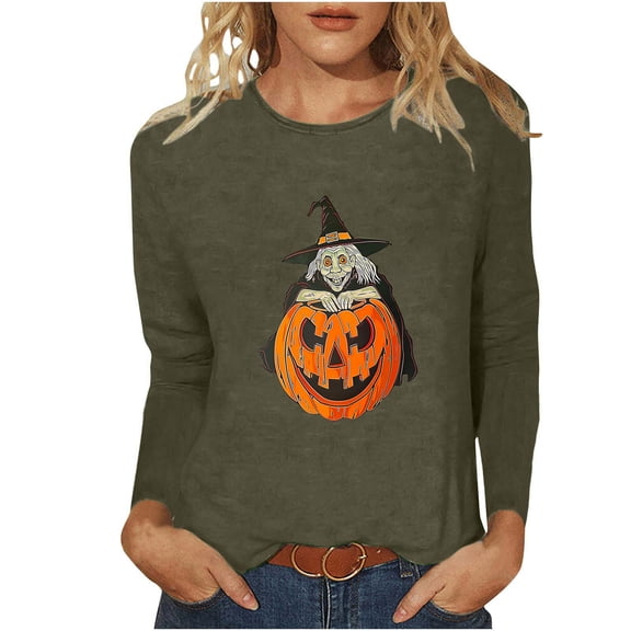 Raeneomay Long Sleeve Shirts Oversize Women Tops Halloween Casual Printed Round Neck Tops