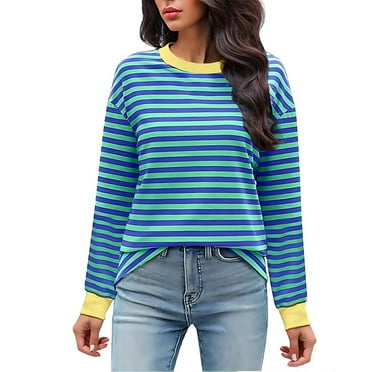 Raeneomay Long Sleeve Shirts Oversized T Shirts Women's Fashionable Loose Casual Striped Color Blocking Round Neck Top