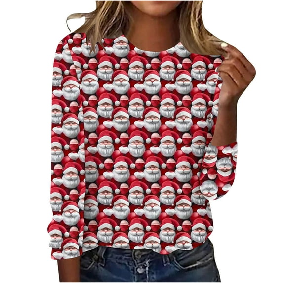 Raeneomay Long Sleeve Shirts Women Tops Christmas Fashion Printed Loose and Comfortable Round Neck T Shirt Top