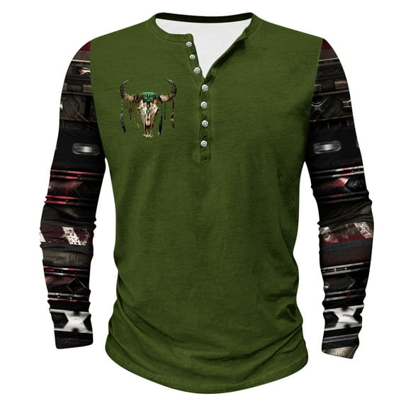 Raeneomay Long Sleeve Shirts for Men Fashion Casual Ethnic Style Printed Long Sleeve CrewNeck Top/Shirt