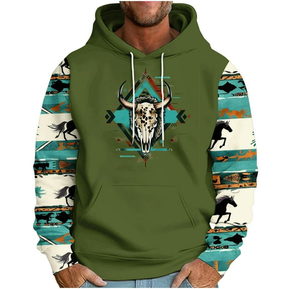 Raeneomay Long Sleeve Shirts for Men Hooded Down Sleeved Ethnic Style Printed Loose Hoodie Printed Long-Sleeved Top Hoodie