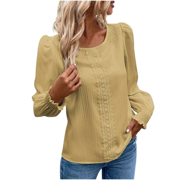 Raeneomay Long Sleeve Shirts for Women Casual Solid Color Lace Patchwork Round Neck Tops