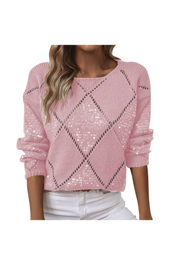 Long Sleeve Shirts for Women Diamond Pullover Loose Fashion Hollow Sequin Knit Sweater Round Neck Sweater