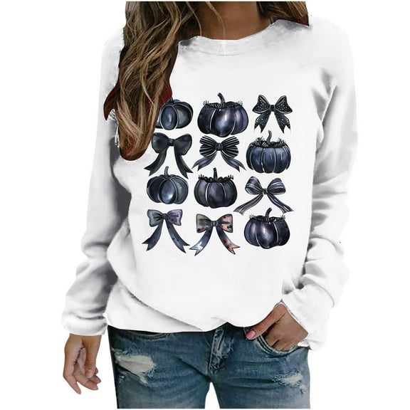 Raeneomay Long Sleeve Shirts for Women Fashion CrewNeck Printing Loose Long Sleeve Round-Neck Hoodless Pullover Tops