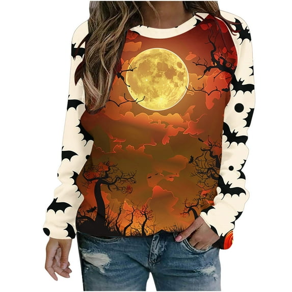 Raeneomay Long Sleeve Shirts for Women Ladies' Winter Halloween Round Neck Hooded Long Sleeved SweatShirt Top
