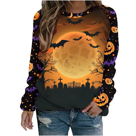 Raeneomay Long Sleeve Shirts for Women Ladies' Winter Halloween Round Neck Hooded SweatShirt Top