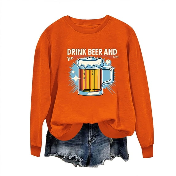 Raeneomay Long Sleeve Shirts for Women New Long Sleeve Round Neck Topper Oktoberfest Printed Casual Top