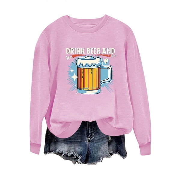 Raeneomay Long Sleeve Shirts for Women New Long Sleeve Round Neck Topper Oktoberfest Printed Casual Top