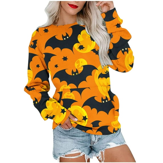 Raeneomay Long Sleeve Shirts for Women Oversize Halloween Casual Loose Printed Pocket Stitching Round Neck Sweater