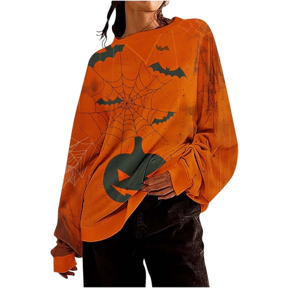 Raeneomay Long Sleeve Shirts for Women Oversize Halloween Women's Round Neck Long Sleeved Loose Top Hoodie