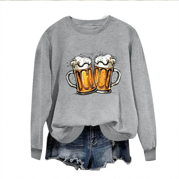 Raeneomay Long Sleeve Shirts for Women Oversize Round Neck Topper Oktoberfest Printed Casual Top