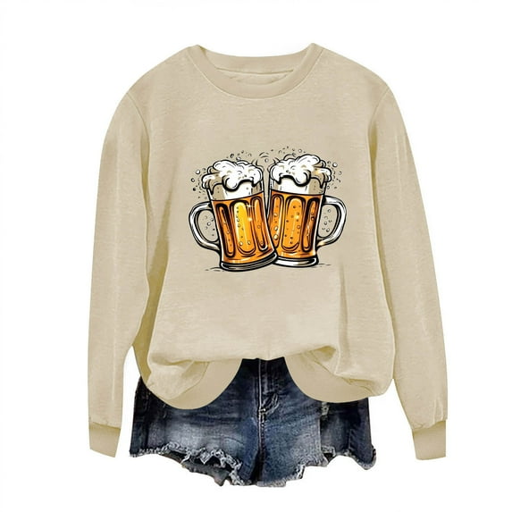 Raeneomay Long Sleeve Shirts for Women Oversize Round Neck Topper Oktoberfest Printed Casual Top