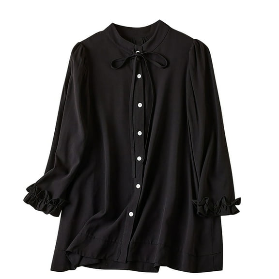 Raeneomay Long Sleeve Shirts for Women Oversize Women's Solid Color Quarter Sleeved Button Bow Top