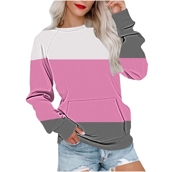 Raeneomay Long Sleeve Shirts for Women Oversize Womens Casual Loose Pocket Splicing Long Sleeved Round Neck Tops