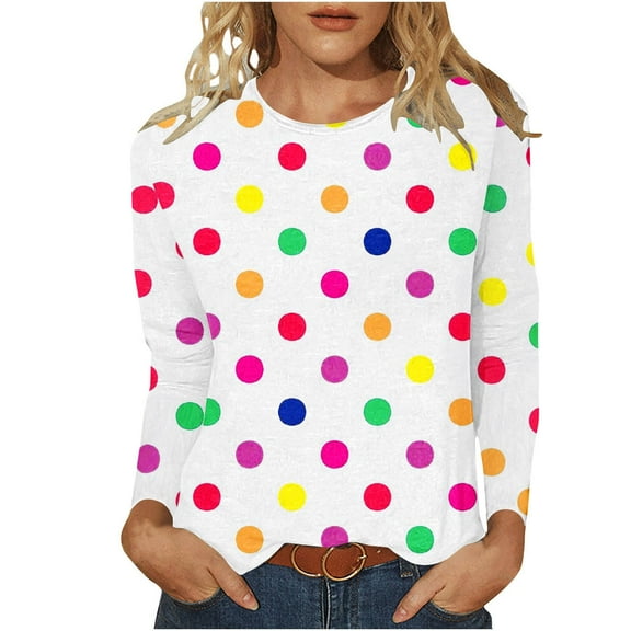 Raeneomay Long Sleeve Shirts for Women Retro Fashion Classic Print Long Sleeved Round Neck Tops