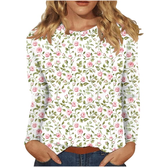 Raeneomay Long Sleeve Shirts for Women Retro Fashion Classic Print Round Neck Tops