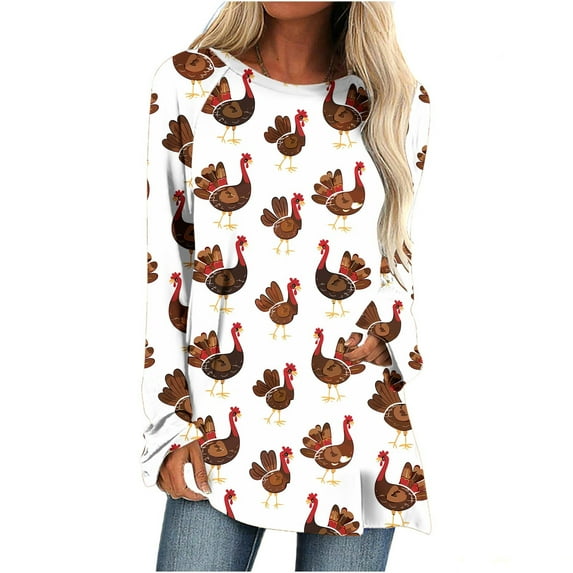 Raeneomay Long Sleeve Shirts for Women Thanksgiving Round Neck Solid Color Loose Long Sleeved T-Shirt Top