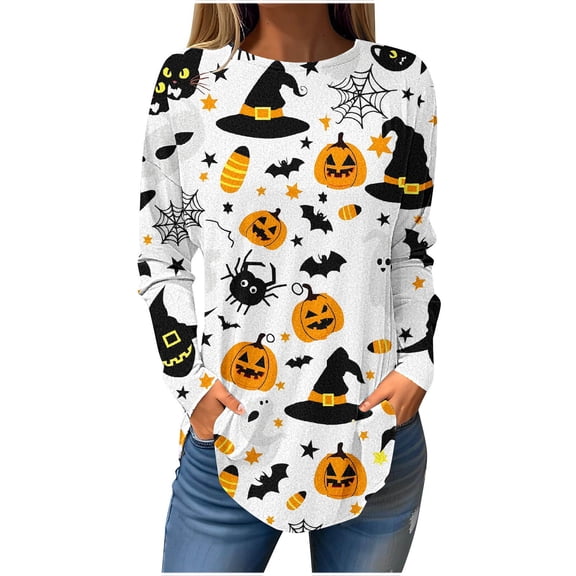 Raeneomay Long Sleeve Shirts for Women Tunic Tops Fashion Comfortable Round-Neck Print Casual T-Shirt Blouse