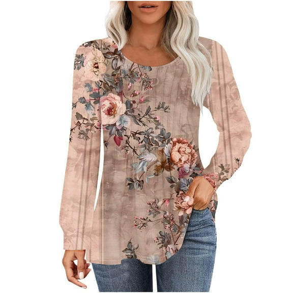 Raeneomay Long Sleeve Shirts for Women Women's Casual Fashion Loose Pleated Crew-Neck Printed Long-Sleeved Tops