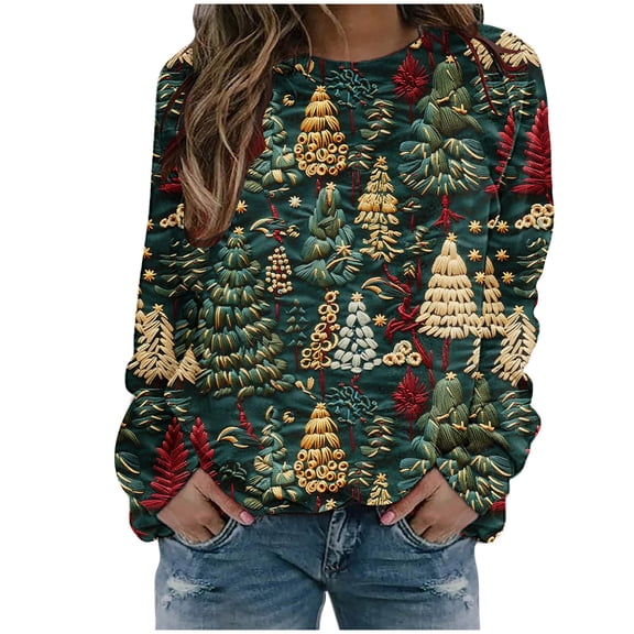 Raeneomay Long Sleeve Shirts for Women Women's Fall and Winter Christmas Tree Print Casual Long Sleeved Round Neck Hooded SweatShirt Tops Blouse