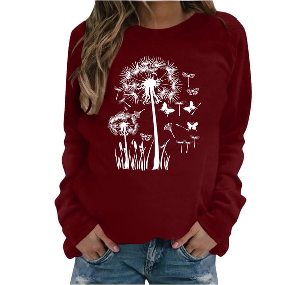 Raeneomay Long Sleeve Shirts for Women Womens Casual Long Sleeved Round Neck Hooded Printed Shoulder SweatShirt