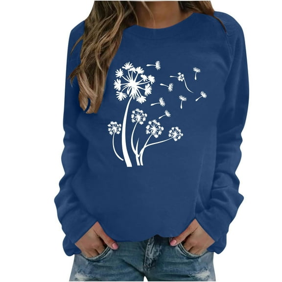 Raeneomay Long Sleeve Shirts for Women Womens Casual Long Sleeved Round Neck Hooded Printed Shoulder SweatShirt