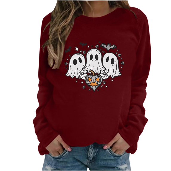 Raeneomay Long Sleeve Shirts for Women Womens Solid Color Cute Halloween Ghost Print Long Sleeved Round Neck Top/Shirt