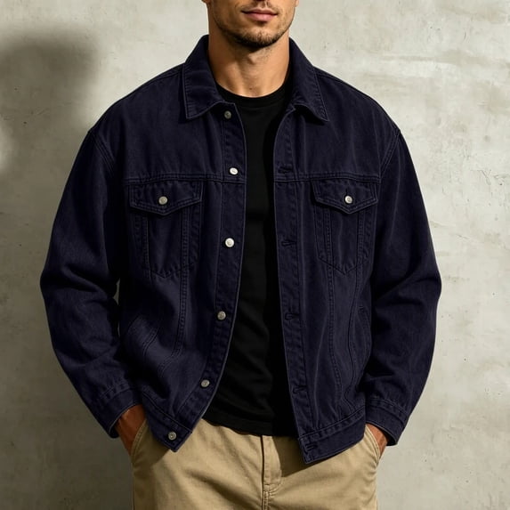 Raeneomay Men's Denim Jacket - Long Sleeve Collared Multi Pocket Outerwear S-XXL