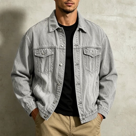 Raeneomay Men's Denim Jacket - Long Sleeve Collared Multi Pocket Outerwear S-XXL
