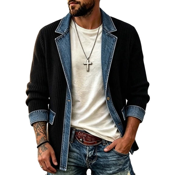 Raeneomay Men's Denim Knit Cardigan - Button Front Long Sleeve Jacket