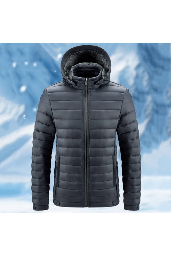 Men's Solid Color Detachable Cap Zipper Cardigan Hooded Winter Warm Jacket Coat Long Sleeve Parkas