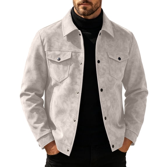 Raeneomay Men's Suede Button Jacket - Collared Long Sleeve Pocket Top